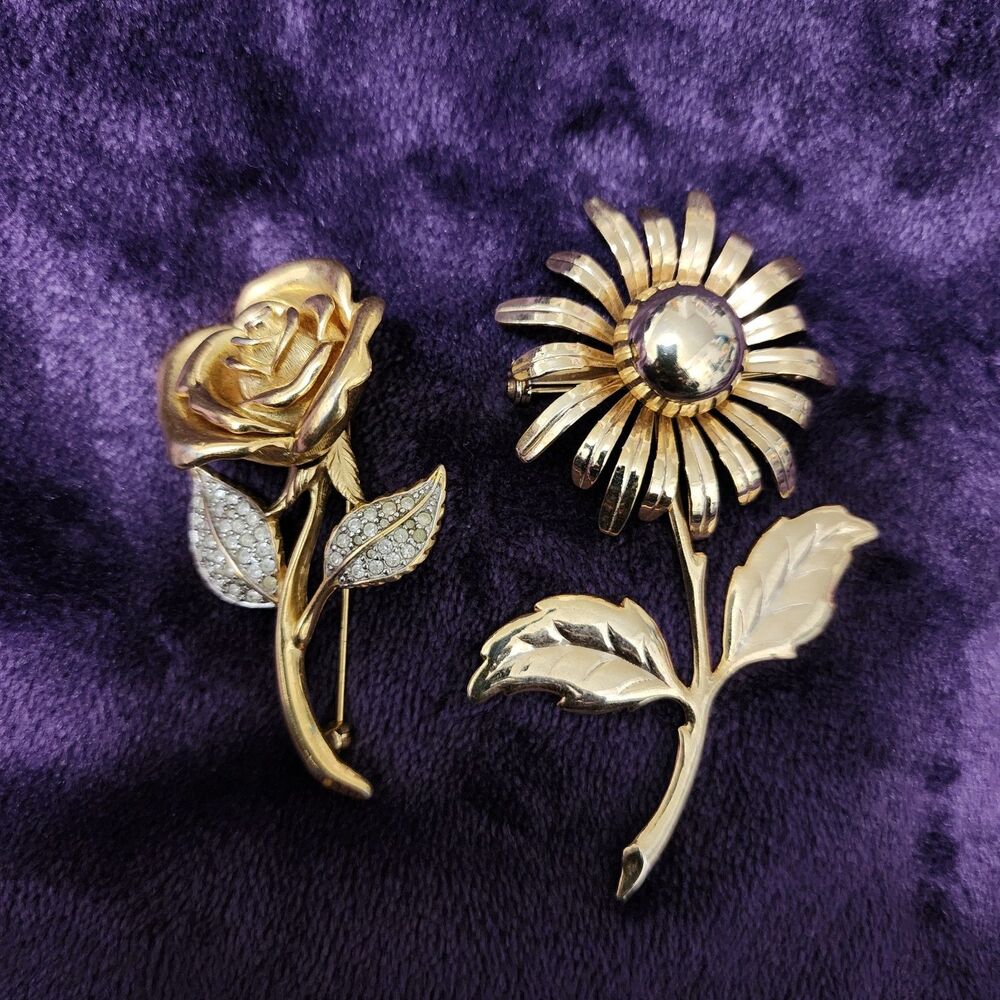 2 Gold Tone Metal Flower & Rhinestone Rose Brooch Set Vintage Floral Costume